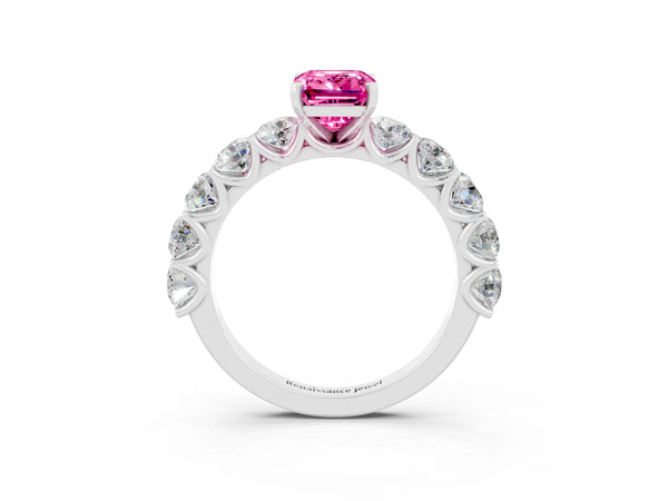 White gold Emerald Cut Pink Sapphire Prong Setting with Side Stones on a Pave Band