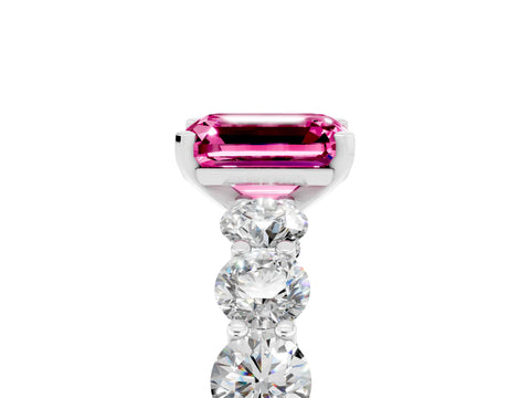 White gold Emerald Cut Pink Sapphire Prong Setting with Side Stones on a Pave Band_29