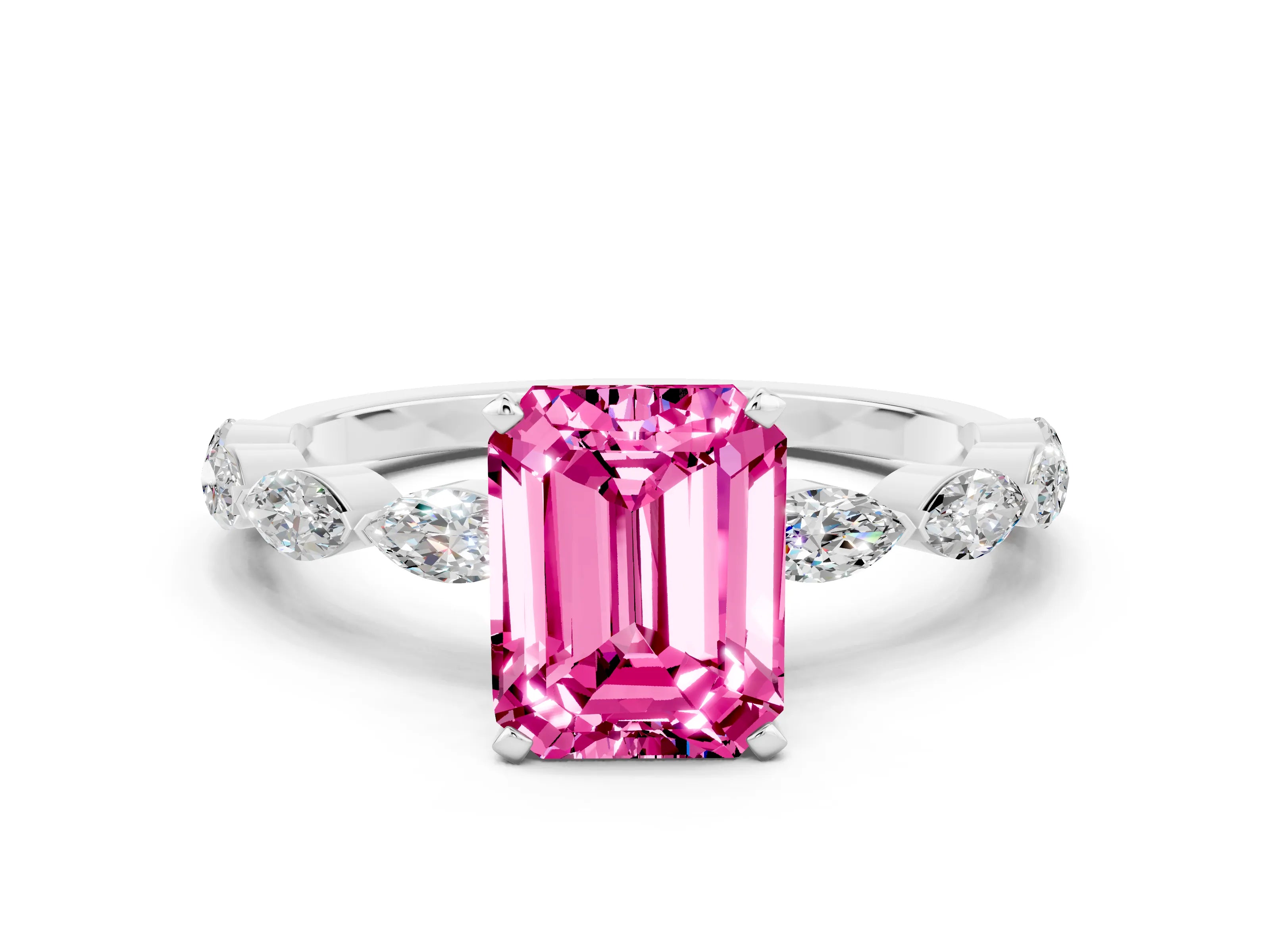 White gold Emerald Cut Pink Sapphire Ring with Marquise Side Stones and Prong Setting_12