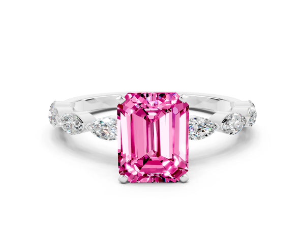 White gold Emerald Cut Pink Sapphire Ring with Marquise Side Stones and Prong Setting