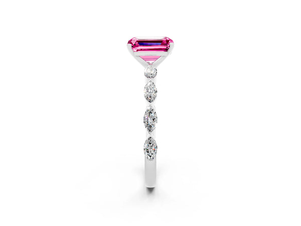 Platinum Emerald Cut Pink Sapphire Ring with Marquise Side Stones and Prong Setting