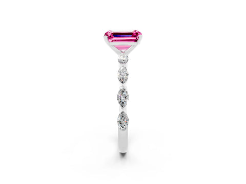 White gold Emerald Cut Pink Sapphire Ring with Marquise Side Stones and Prong Setting_14