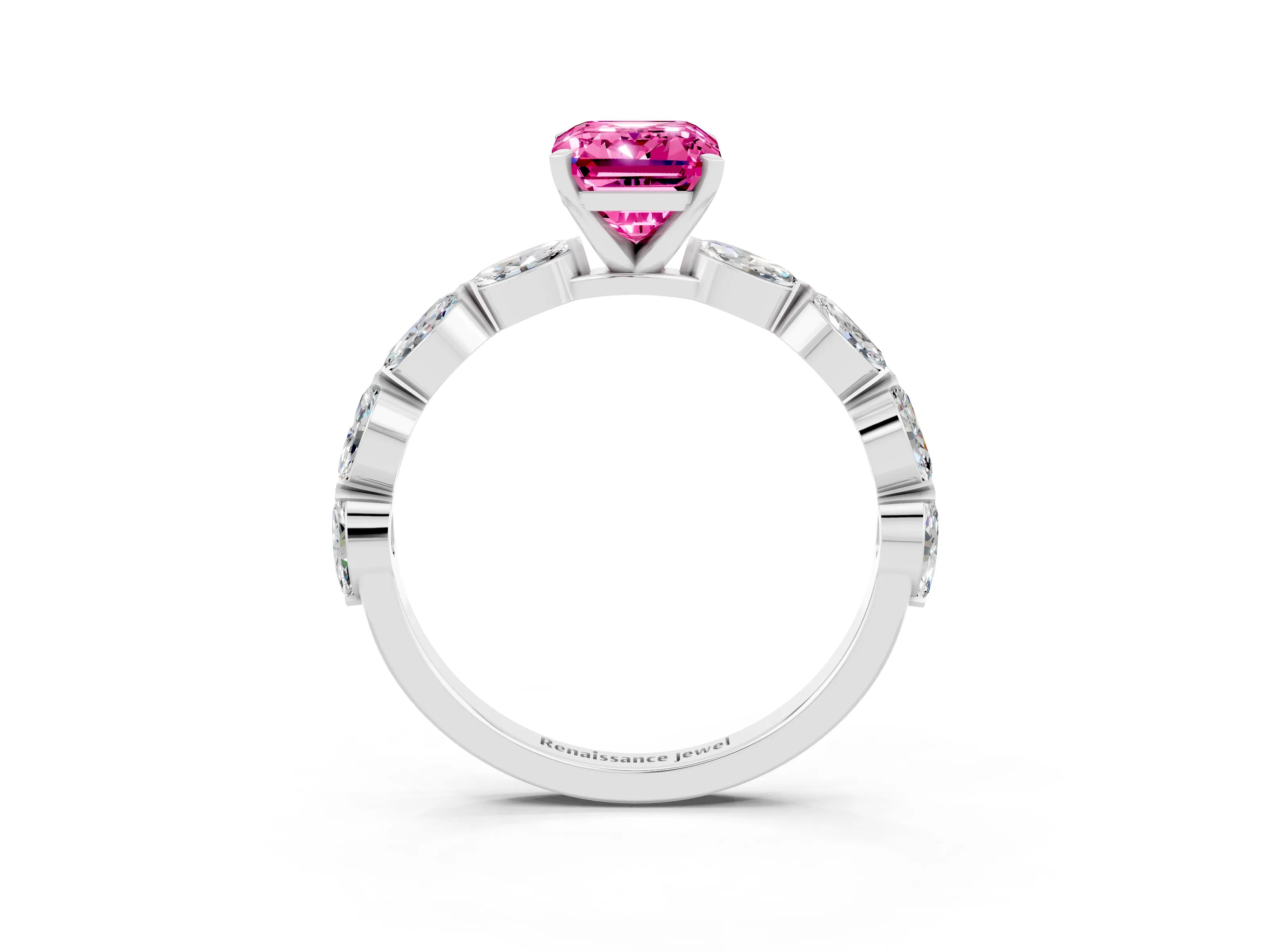 White gold Emerald Cut Pink Sapphire Ring with Marquise Side Stones and Prong Setting_15
