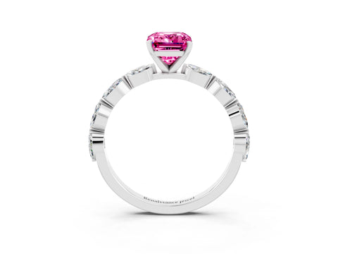 White gold Emerald Cut Pink Sapphire Ring with Marquise Side Stones and Prong Setting_15