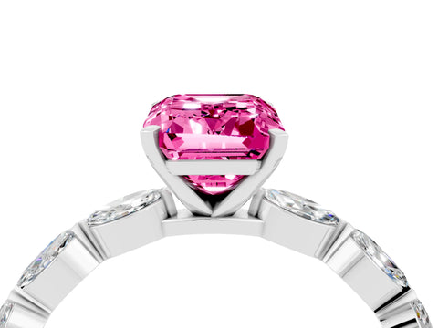 White gold Emerald Cut Pink Sapphire Ring with Marquise Side Stones and Prong Setting_16