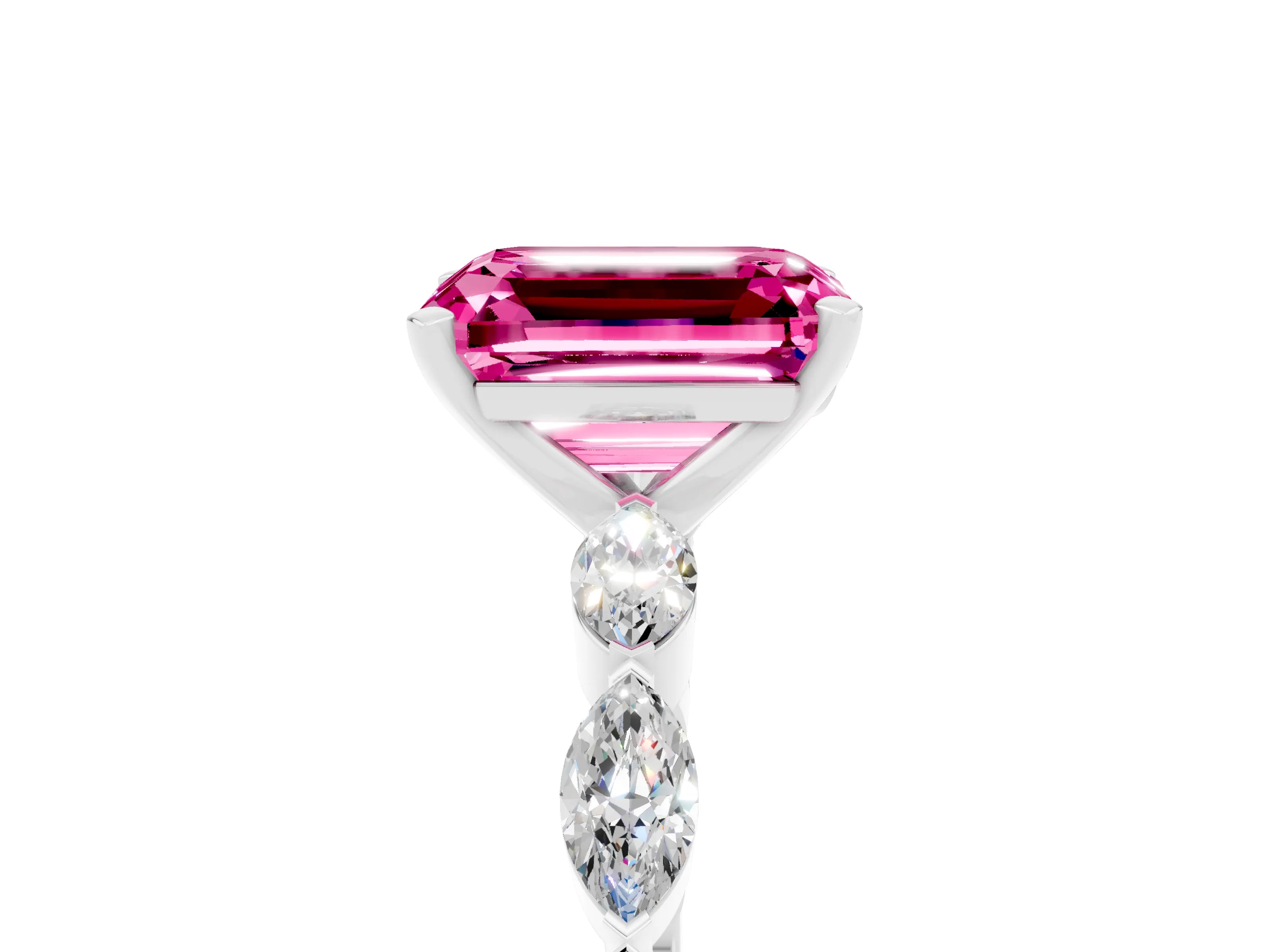 White gold Emerald Cut Pink Sapphire Ring with Marquise Side Stones and Prong Setting_17