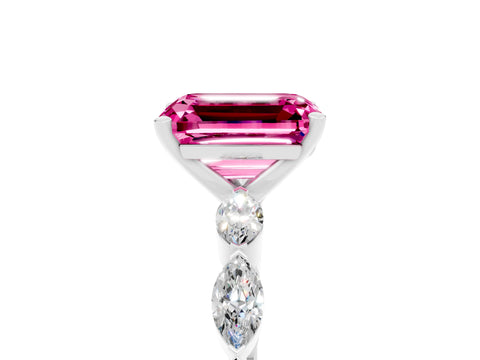 White gold Emerald Cut Pink Sapphire Ring with Marquise Side Stones and Prong Setting_17