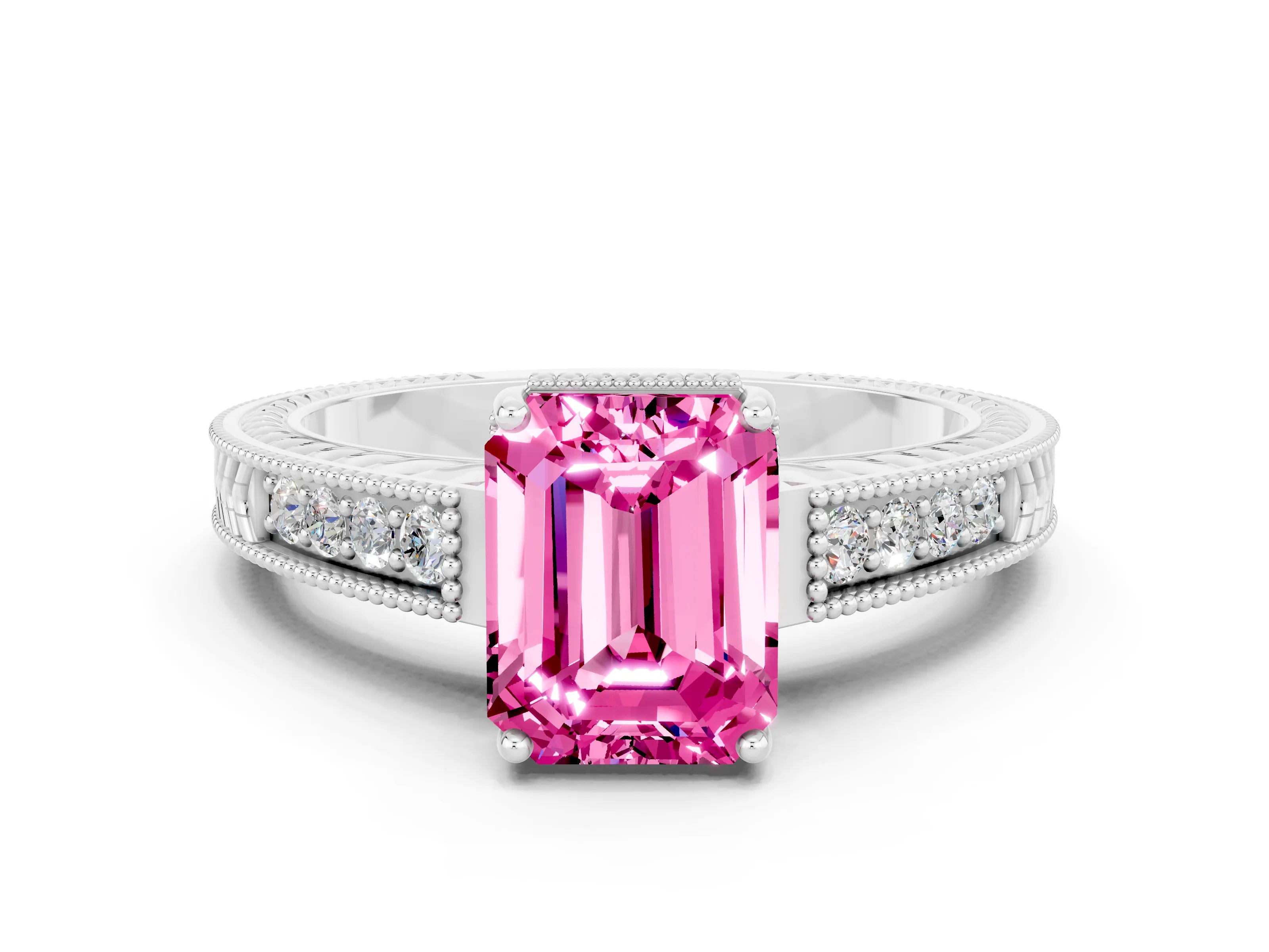White gold Emerald Cut Pink Sapphire Ring with Milgrain Pavé Band and Four-Prong Setting_36