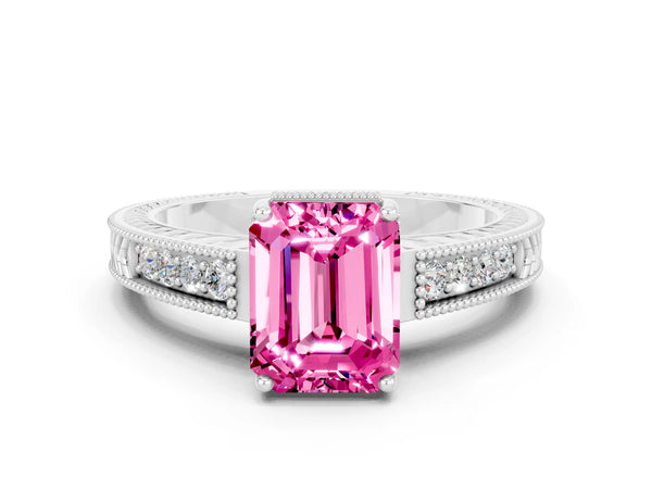 Platinum Emerald Cut Pink Sapphire Ring with Milgrain Pavé Band and Four-Prong Setting