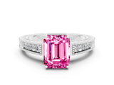 White gold Emerald Cut Pink Sapphire Ring with Milgrain Pavé Band and Four-Prong Setting_36