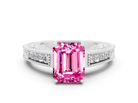 White gold Emerald Cut Pink Sapphire Ring with Milgrain Pavé Band and Four-Prong Setting_36