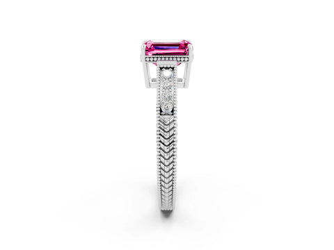 White gold Emerald Cut Pink Sapphire Ring with Milgrain Pavé Band and Four-Prong Setting_38