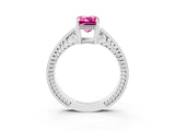 White gold Emerald Cut Pink Sapphire Ring with Milgrain Pavé Band and Four-Prong Setting_39