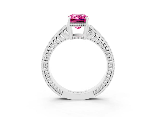 White gold Emerald Cut Pink Sapphire Ring with Milgrain Pavé Band and Four-Prong Setting