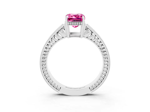 White gold Emerald Cut Pink Sapphire Ring with Milgrain Pavé Band and Four-Prong Setting_39