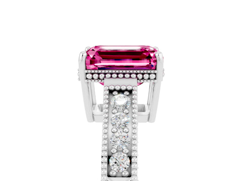 White gold Emerald Cut Pink Sapphire Ring with Milgrain Pavé Band and Four-Prong Setting_41