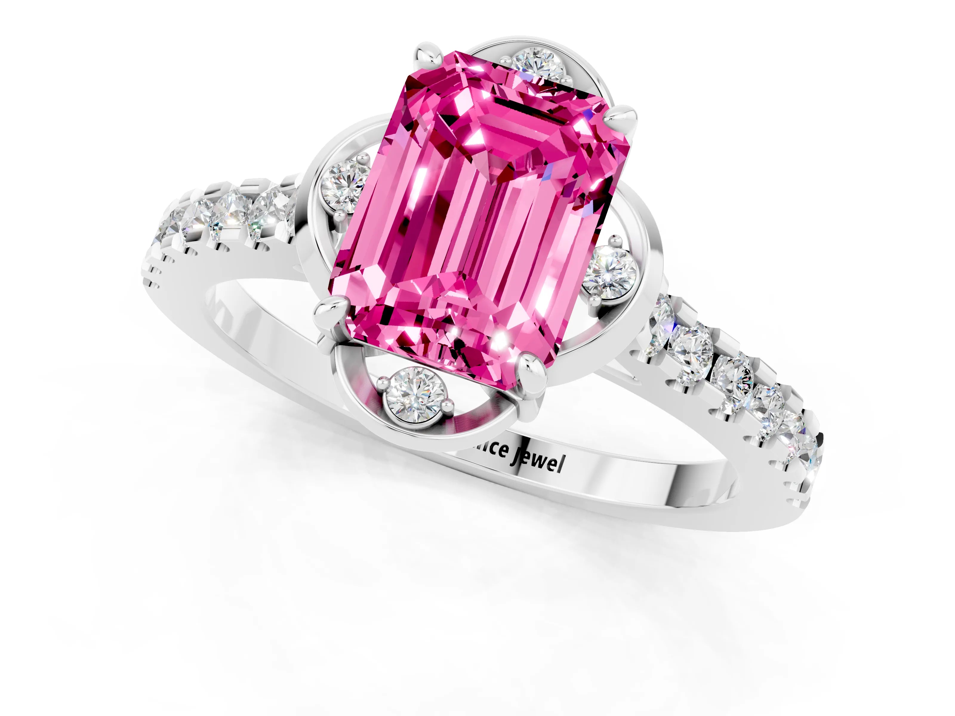 White gold Emerald Cut Pink Sapphire Ring with Pavé Band and Floral Prong Setting_1