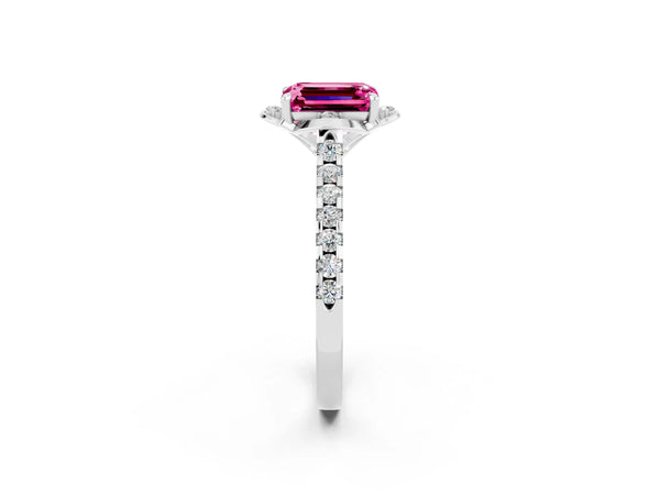 Platinum Emerald Cut Pink Sapphire Ring with Pavé Band and Floral Prong Setting