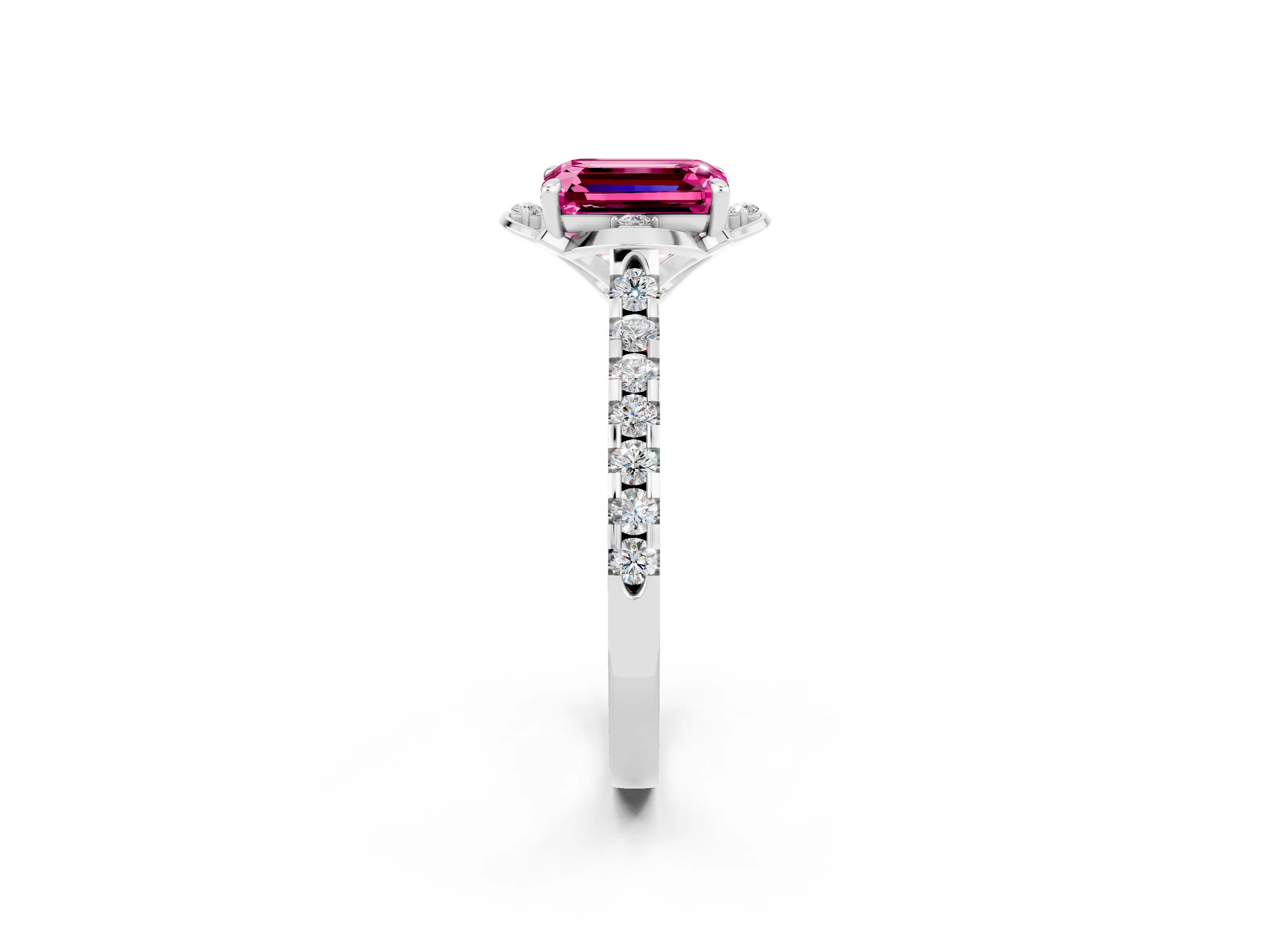 White gold Emerald Cut Pink Sapphire Ring with Pavé Band and Floral Prong Setting_2