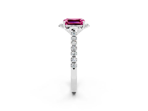 White gold Emerald Cut Pink Sapphire Ring with Pavé Band and Floral Prong Setting_2