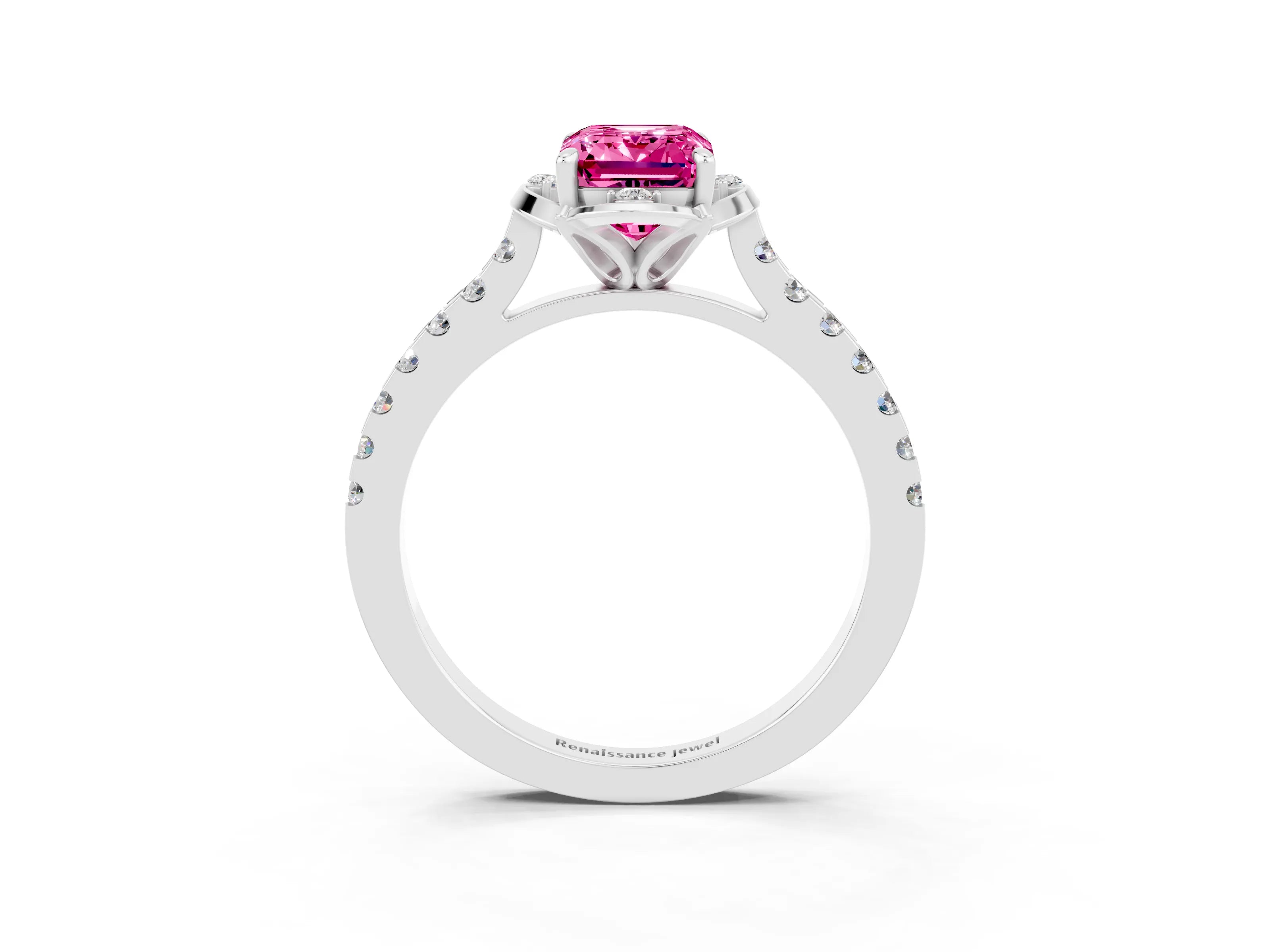 White gold Emerald Cut Pink Sapphire Ring with Pavé Band and Floral Prong Setting_3