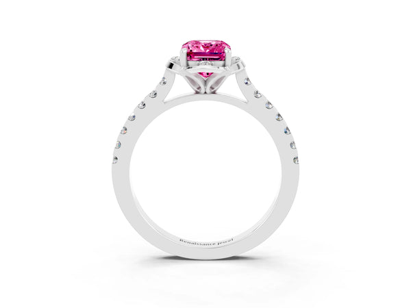 White gold Emerald Cut Pink Sapphire Ring with Pavé Band and Floral Prong Setting