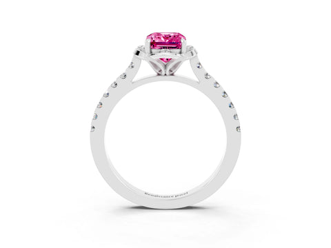 White gold Emerald Cut Pink Sapphire Ring with Pavé Band and Floral Prong Setting_3