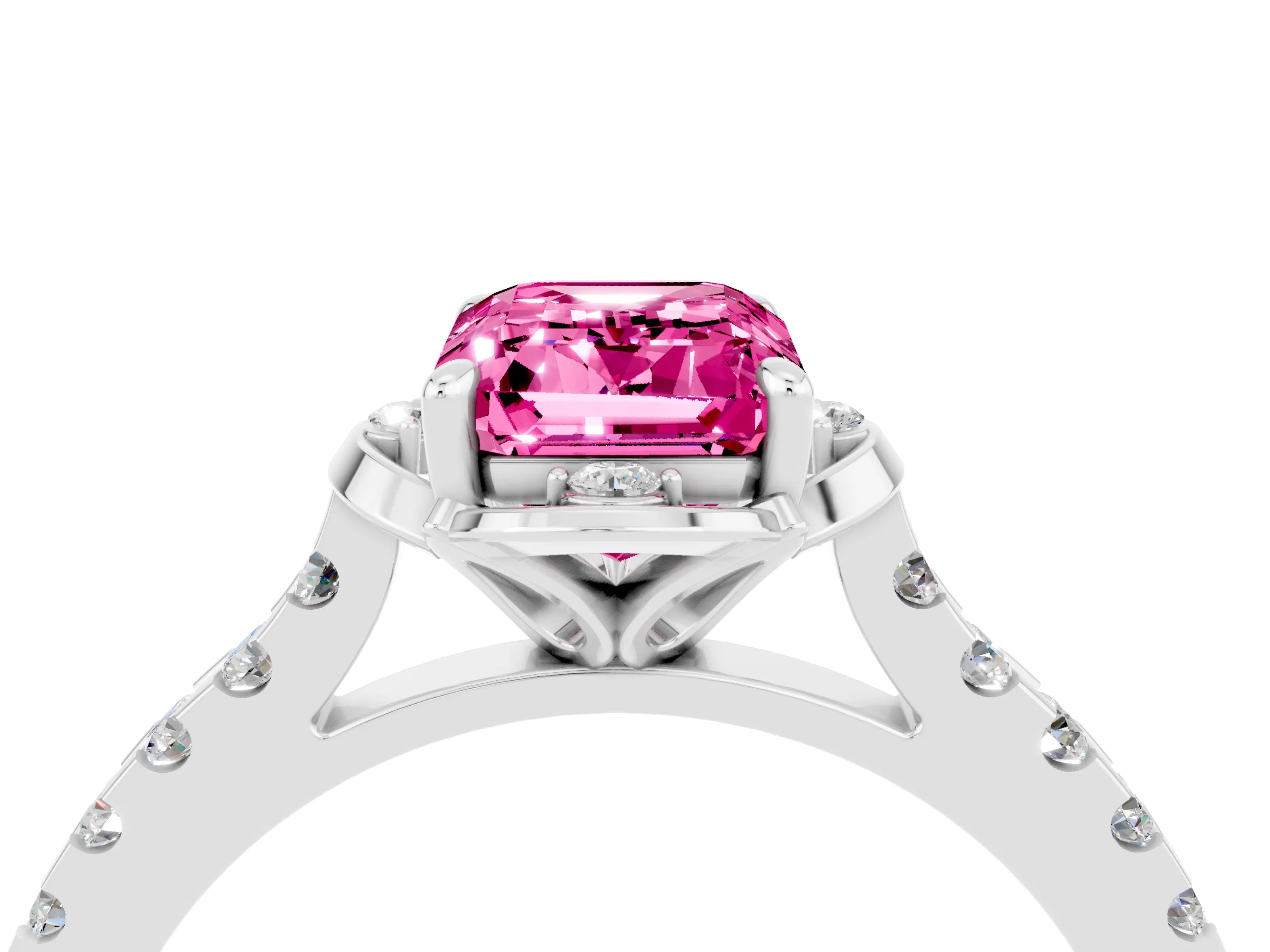 White gold Emerald Cut Pink Sapphire Ring with Pavé Band and Floral Prong Setting_4