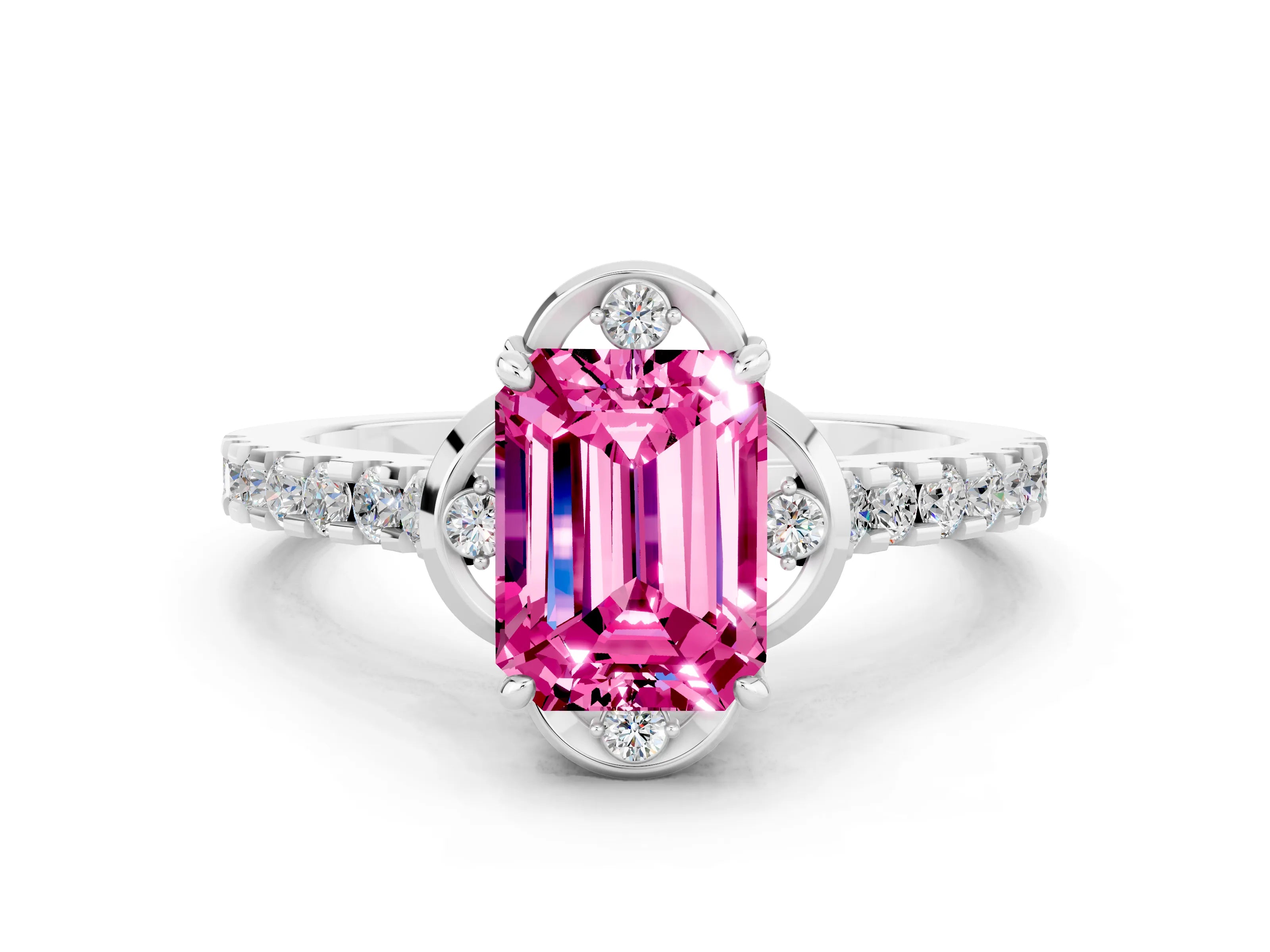 White gold Emerald Cut Pink Sapphire Ring with Pavé Band and Floral Prong Setting