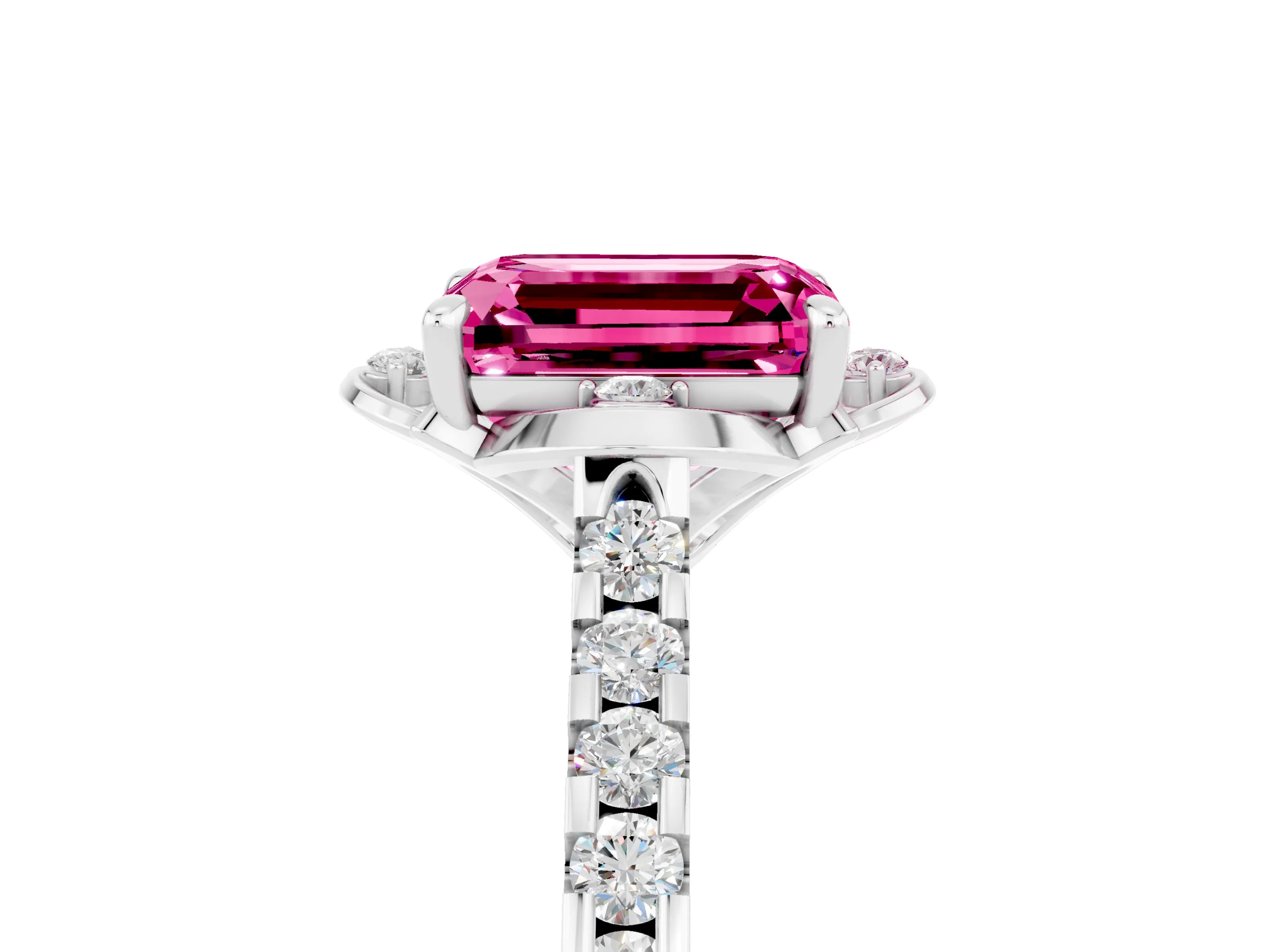 White gold Emerald Cut Pink Sapphire Ring with Pavé Band and Floral Prong Setting_5