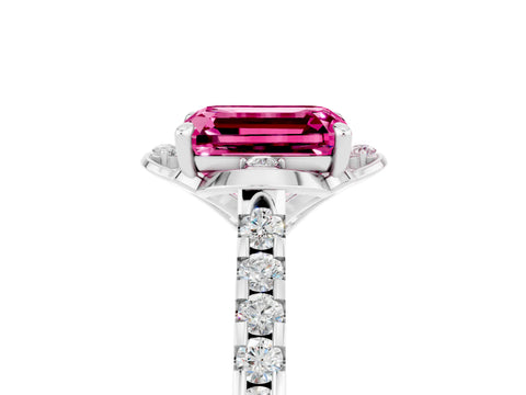 White gold Emerald Cut Pink Sapphire Ring with Pavé Band and Floral Prong Setting_5