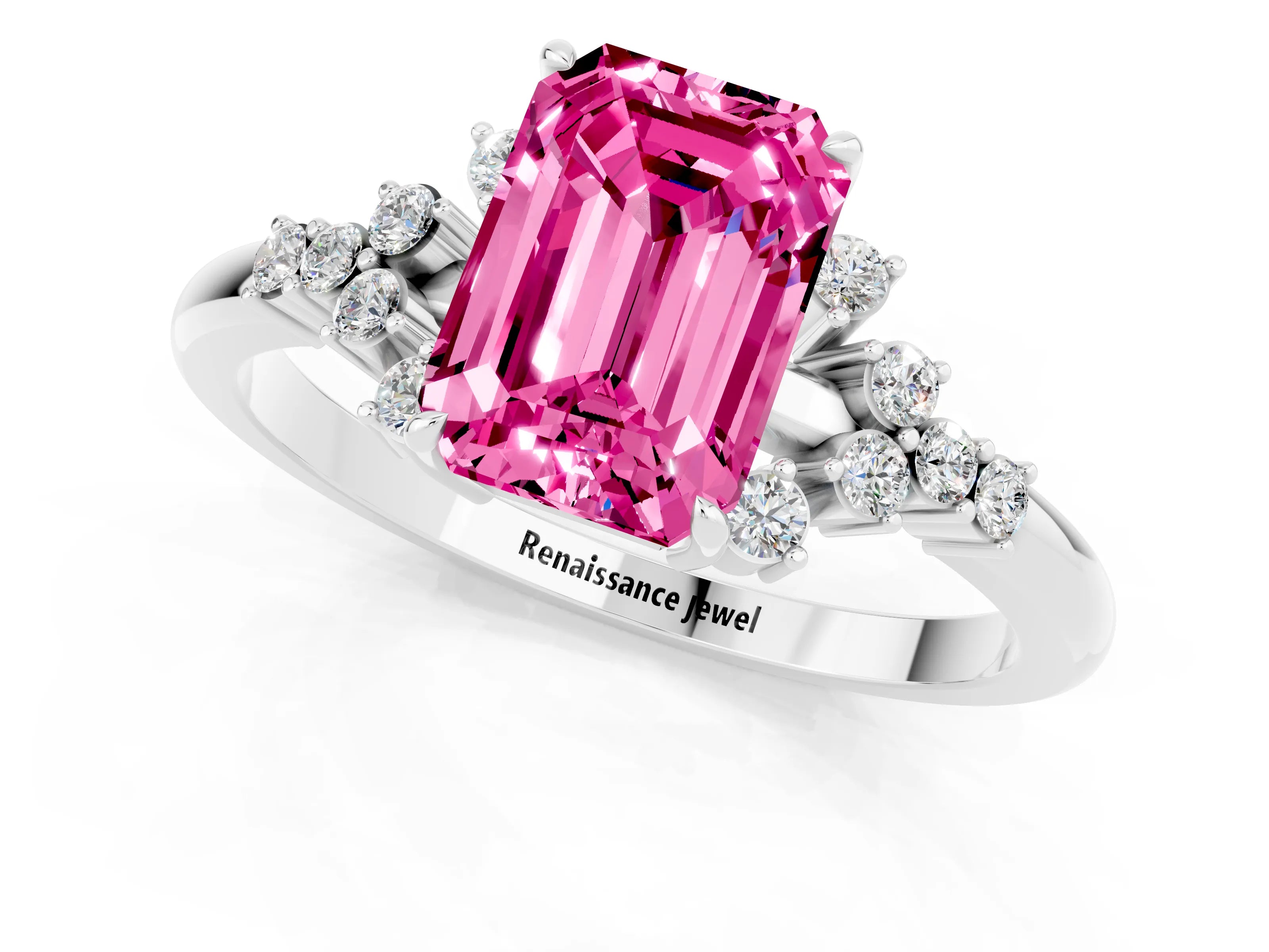 White gold Emerald Cut Pink Sapphire Ring with Side Stones and Four-Prong Setting_61
