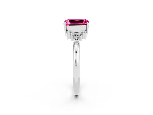 White gold Emerald Cut Pink Sapphire Ring with Side Stones and Four-Prong Setting