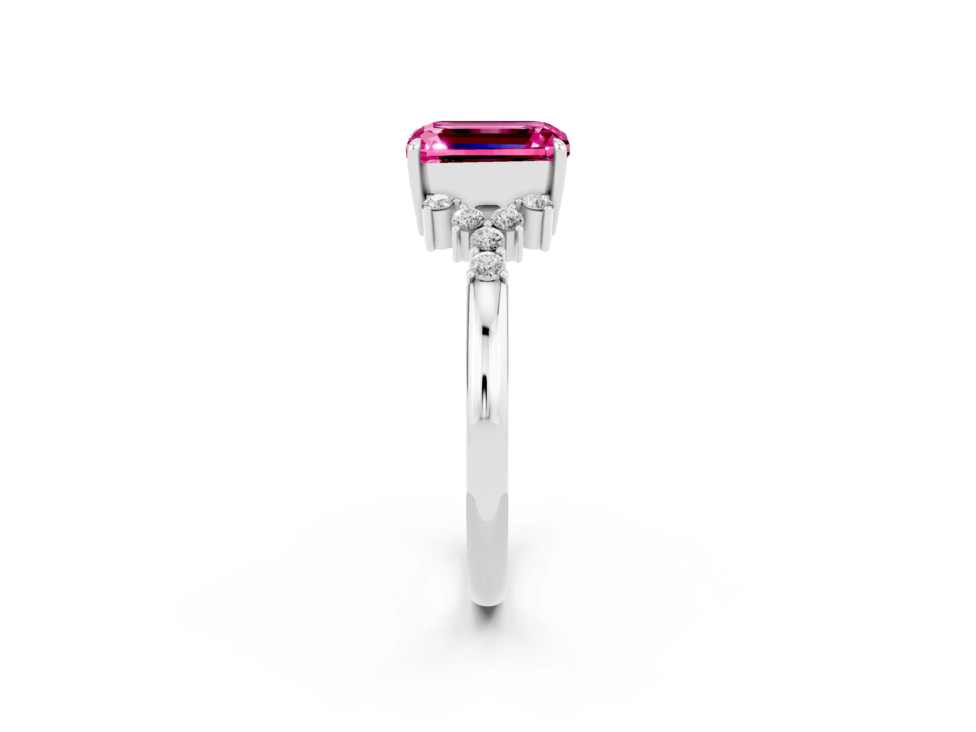 White gold Emerald Cut Pink Sapphire Ring with Side Stones and Four-Prong Setting_62