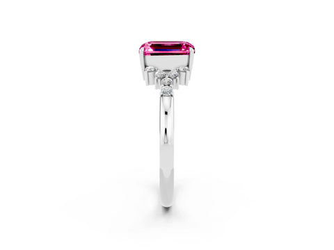 White gold Emerald Cut Pink Sapphire Ring with Side Stones and Four-Prong Setting_62