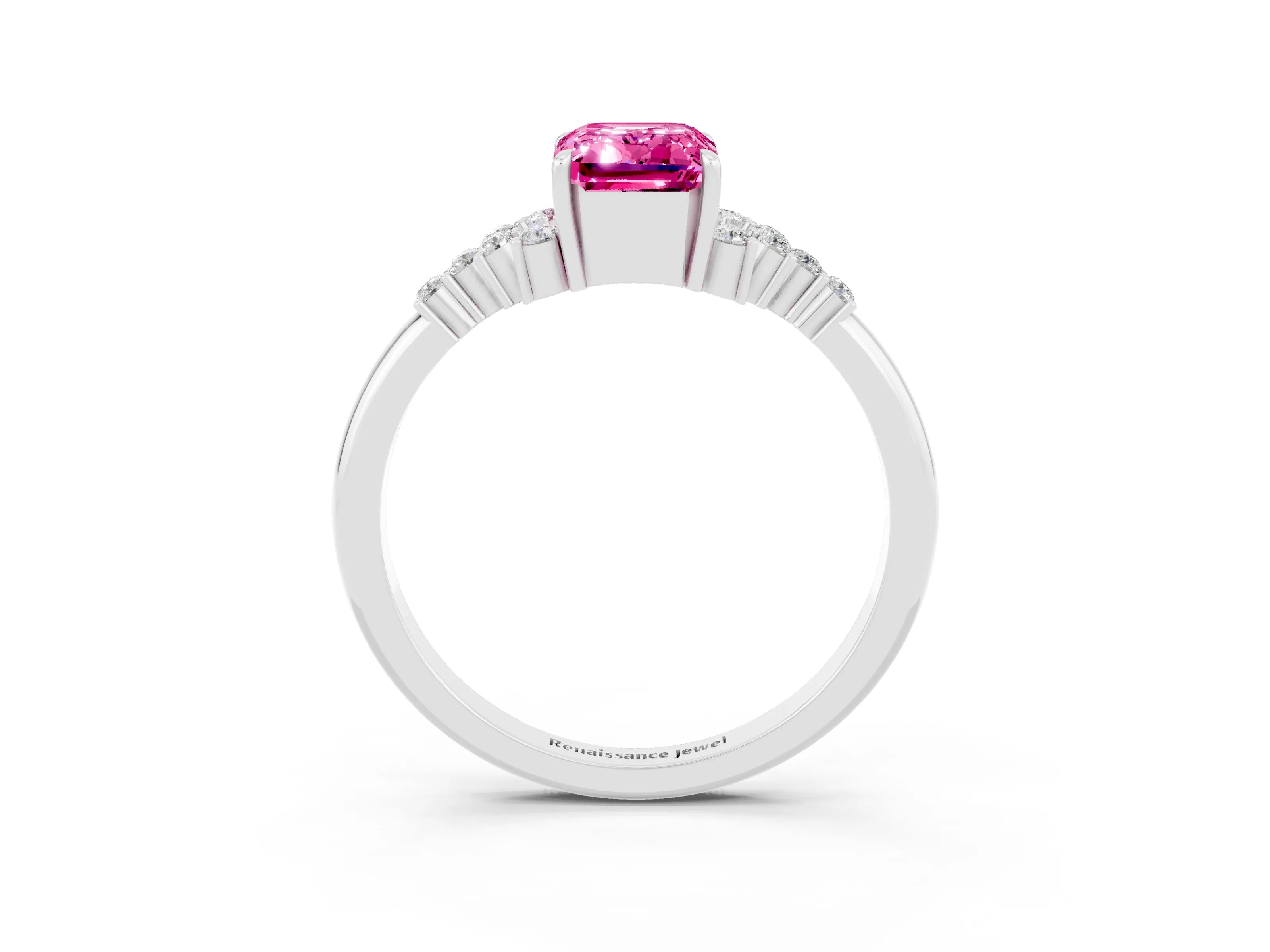 White gold Emerald Cut Pink Sapphire Ring with Side Stones and Four-Prong Setting_63