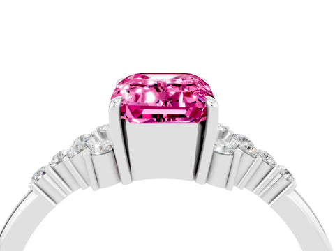 White gold Emerald Cut Pink Sapphire Ring with Side Stones and Four-Prong Setting_64