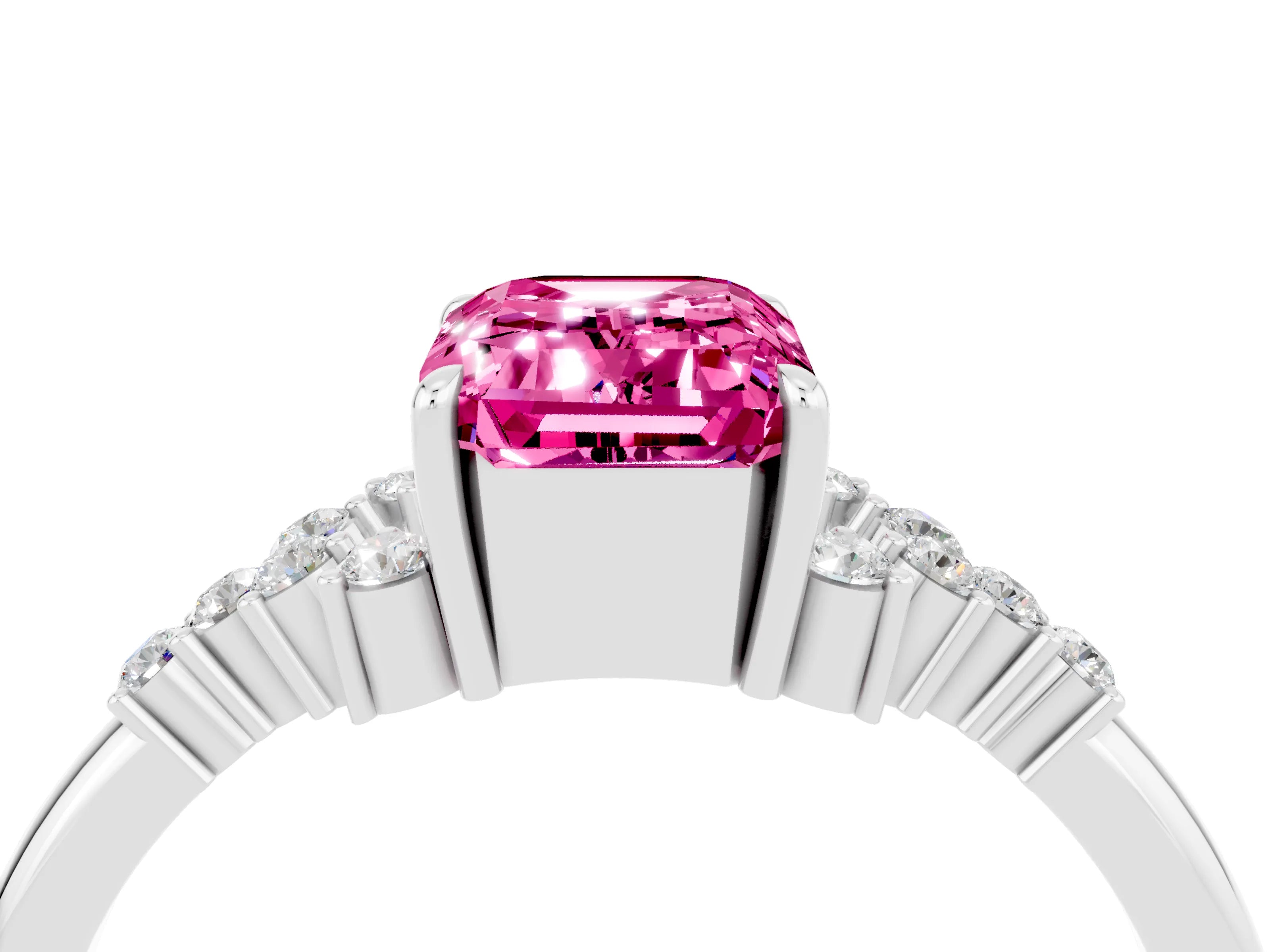 White gold Emerald Cut Pink Sapphire Ring with Side Stones and Four-Prong Setting_64