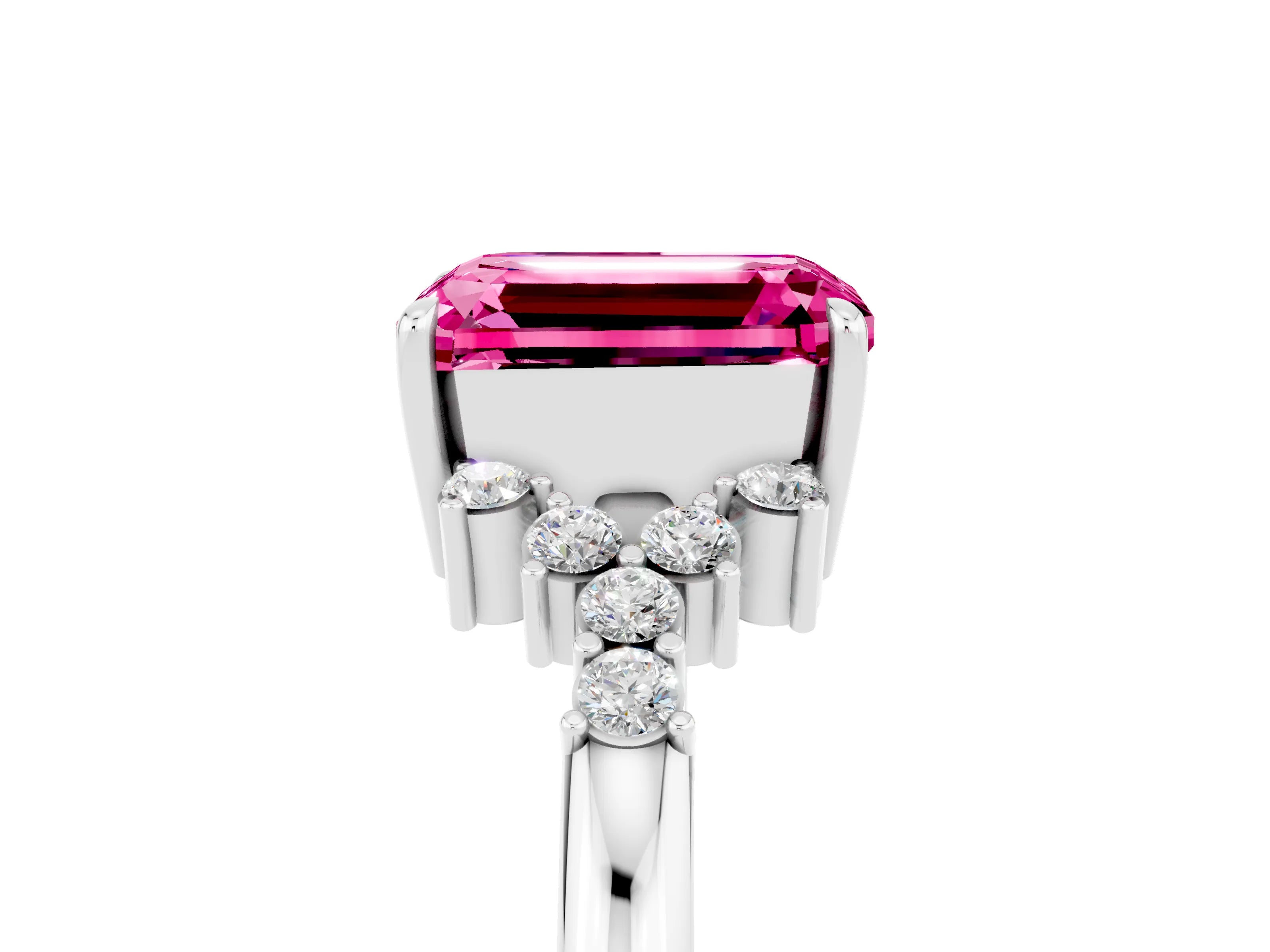 White gold Emerald Cut Pink Sapphire Ring with Side Stones and Four-Prong Setting_65