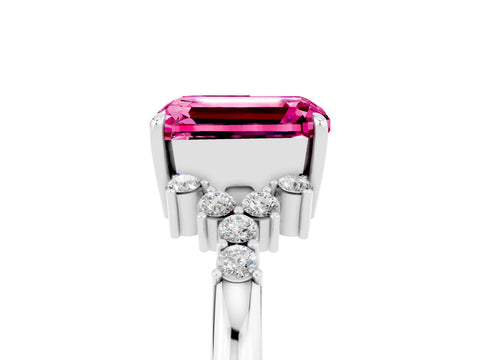 White gold Emerald Cut Pink Sapphire Ring with Side Stones and Four-Prong Setting_65