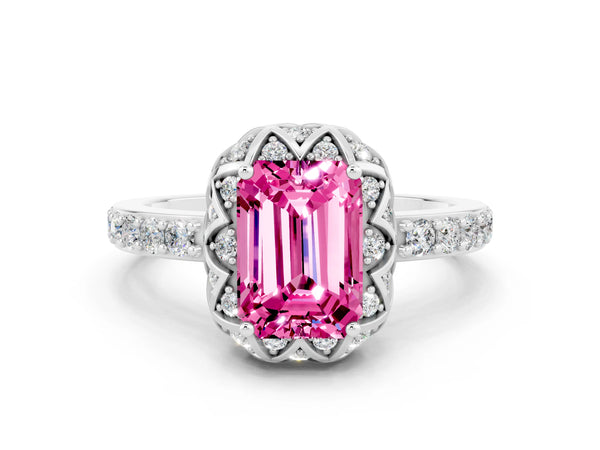 Platinum Emerald Cut Pink Sapphire Scalloped Halo Engagement Ring with Round Shared Prong Band