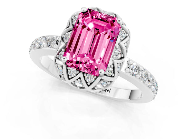 Silver Emerald Cut Pink Sapphire Scalloped Halo Engagement Ring with Round Shared Prong Band