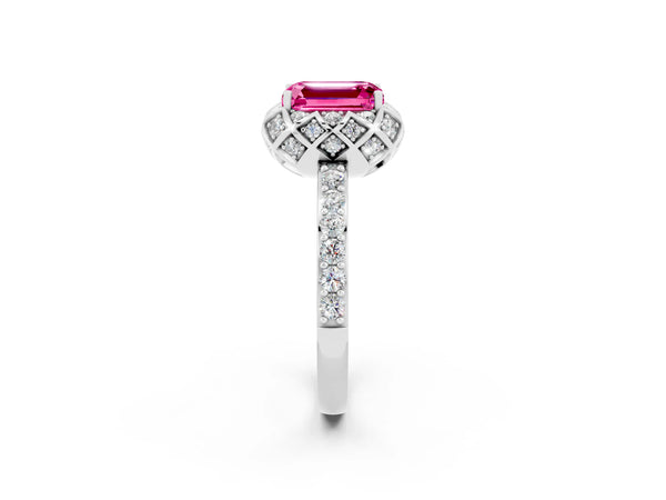 Platinum Emerald Cut Pink Sapphire Scalloped Halo Engagement Ring with Round Shared Prong Band