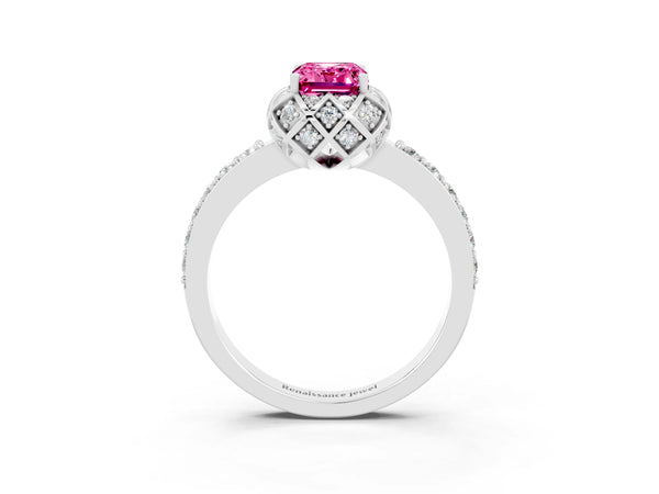 Silver Emerald Cut Pink Sapphire Scalloped Halo Engagement Ring with Round Shared Prong Band