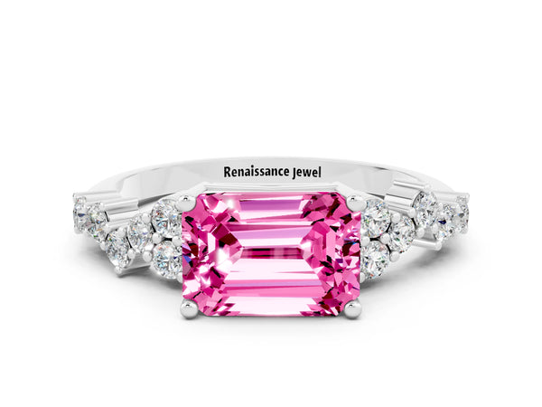 Platinum Emerald Cut Pink Sapphire Scattered Round Accent Ring with Prong Setting