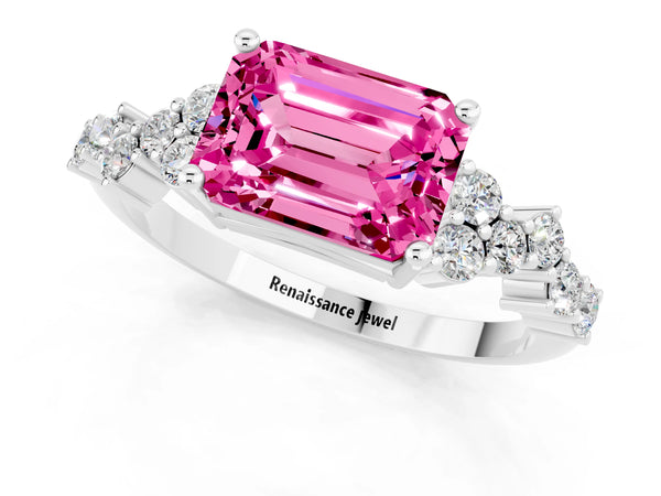 Platinum Emerald Cut Pink Sapphire Scattered Round Accent Ring with Prong Setting