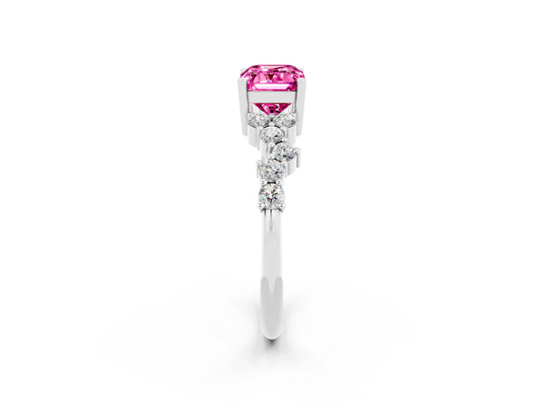 Platinum Emerald Cut Pink Sapphire Scattered Round Accent Ring with Prong Setting