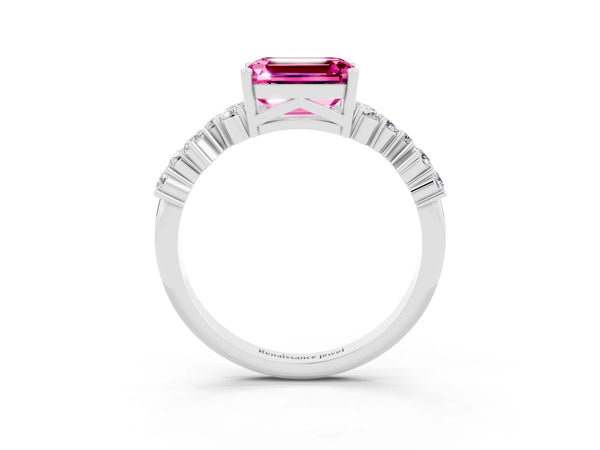 Silver Emerald Cut Pink Sapphire Scattered Round Accent Ring with Prong Setting