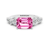 White gold Emerald Cut Pink Sapphire Scattered Round Accent Ring with Prong Setting_24