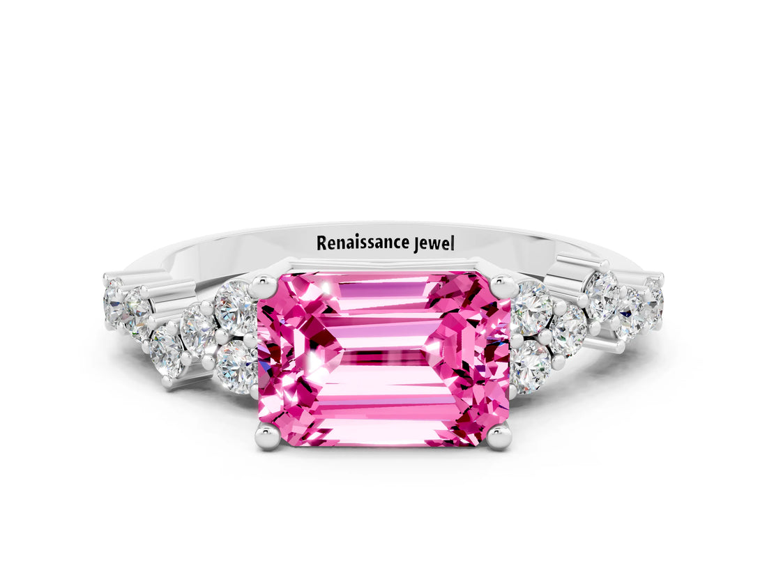 White gold Emerald Cut Pink Sapphire Scattered Round Accent Ring with Prong Setting_36